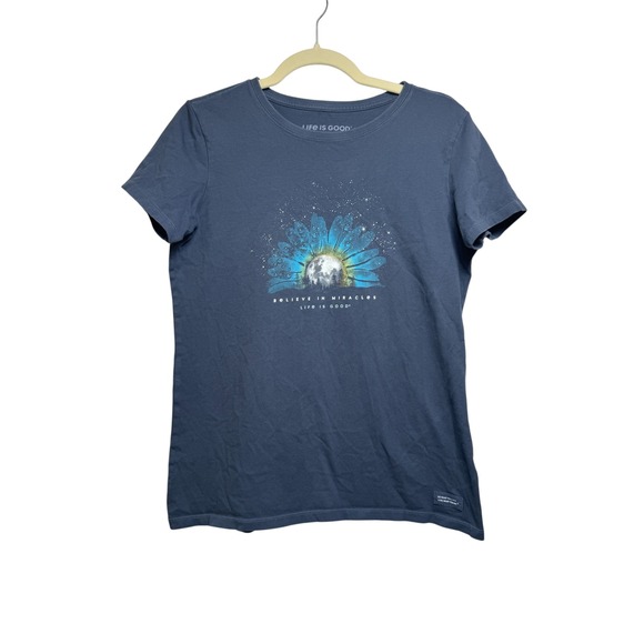 Life is Good Crusher T-Shirt Medium Blue Believe in Miracles Graphic - Picture 1 of 5